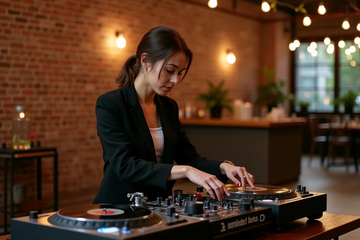 DJ professionnelle installant son matériel lors d'un cocktail de mariage en intérieur