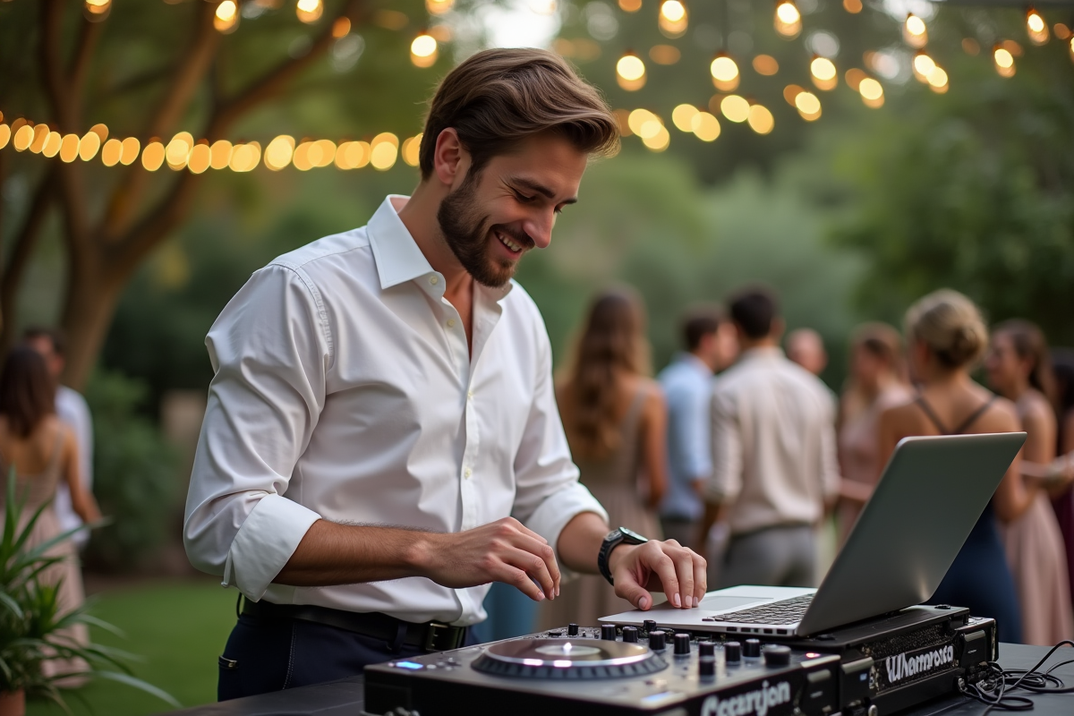 DJ de mariage en extérieur ajustant sa playlist