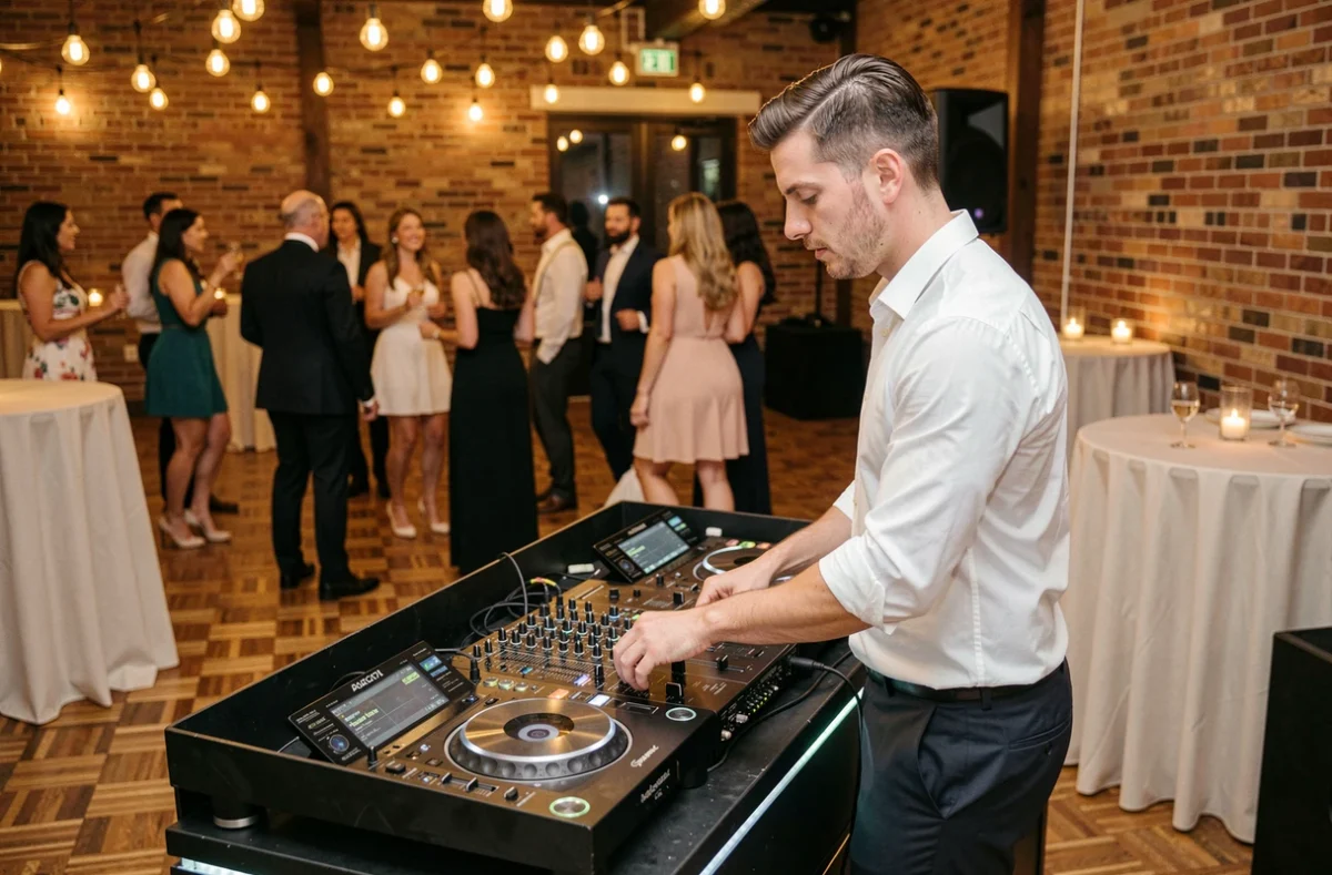 DJ en action lors d'une réception de mariage animée, mixant des tubes feel good devant une piste de danse remplie de convives