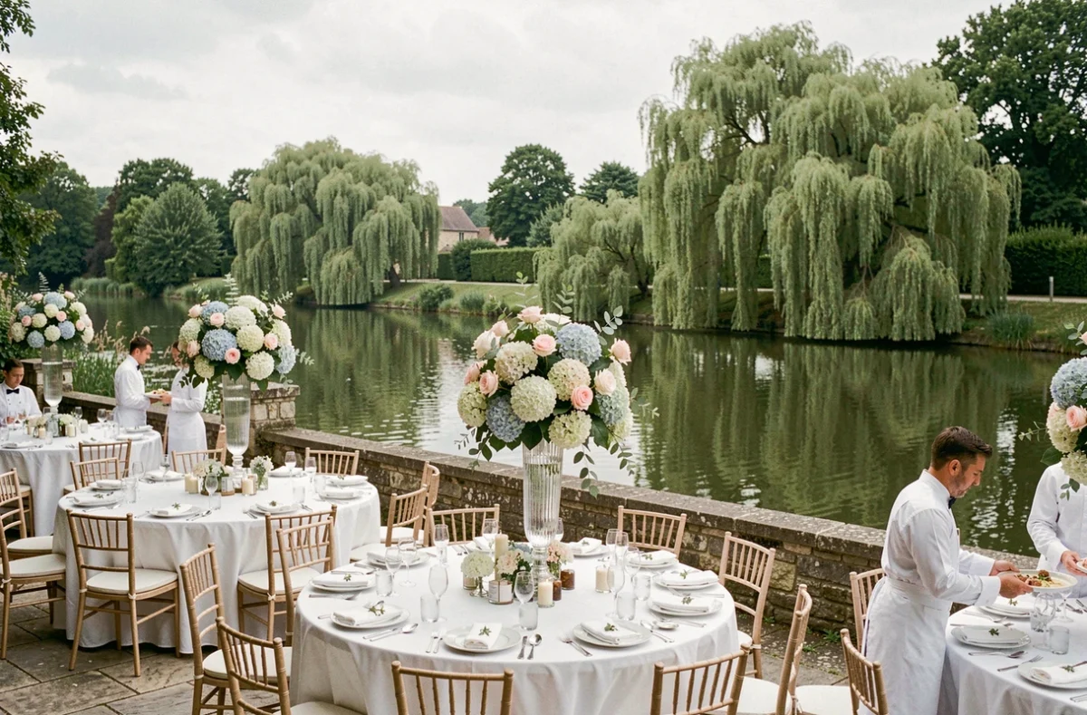 Réception de mariage en bord de rivière au Domaine au Fil de L'eau avec tables décorées et cadre naturel verdoyant