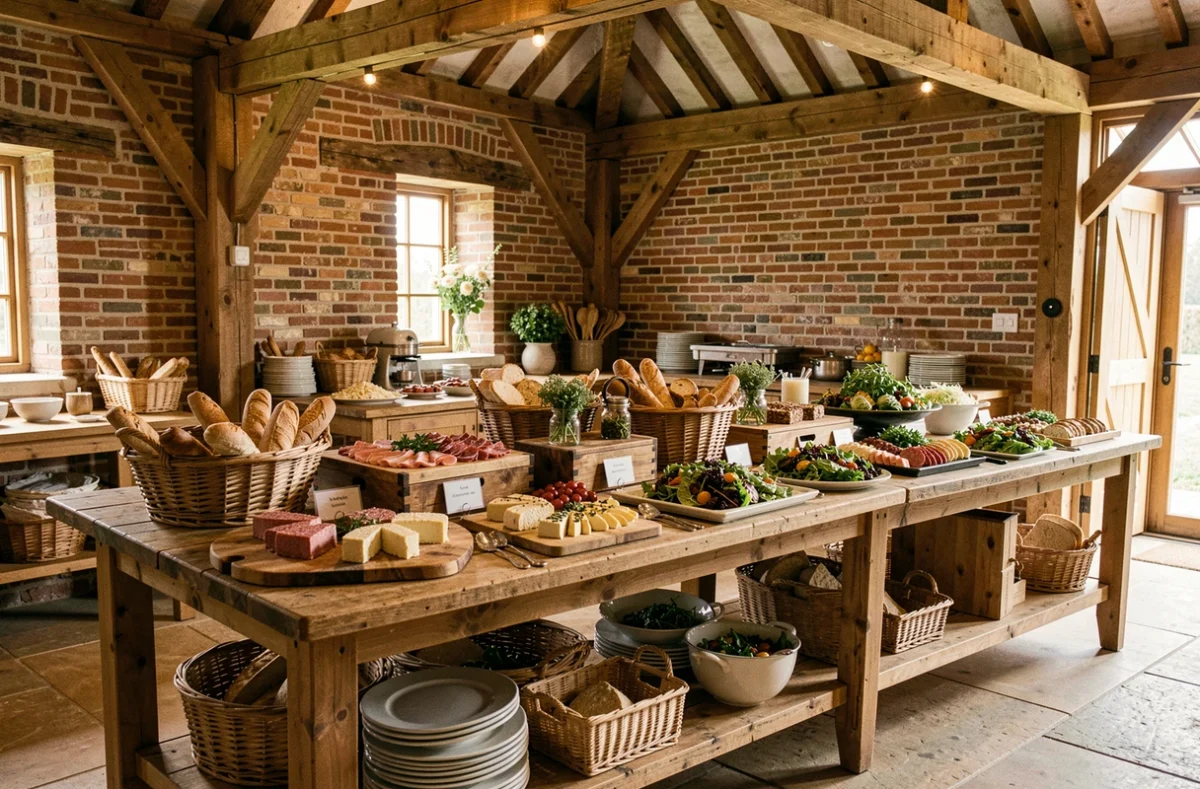 Buffet de mariage rustique et raffiné préparé par Du Biez Traiteur avec charcuteries et spécialités régionales dans une grange rénovée