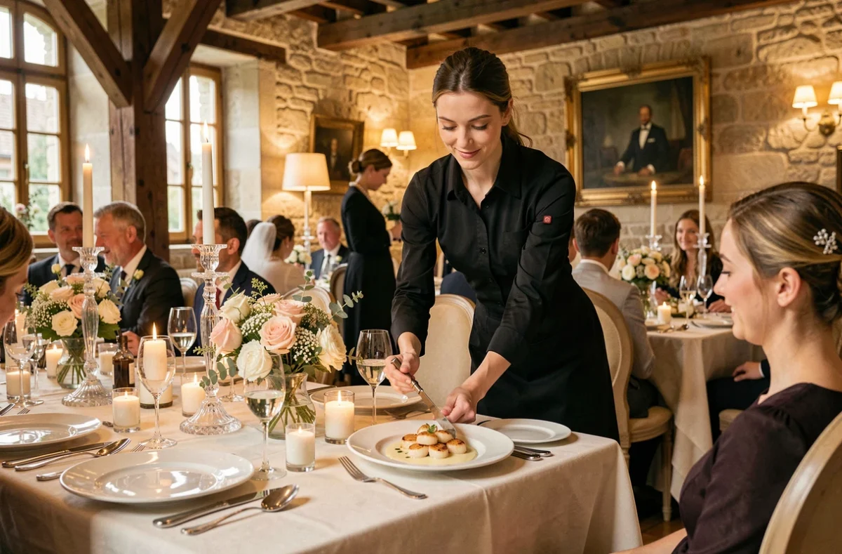 Service d'un dîner de mariage par Duval Traiteur avec assiette de saint-Jacques dressée en salle de réception décorée
