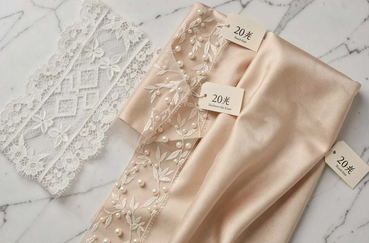 Échantillons de tissus pour robe de mariée posés sur marbre blanc, incluant dentelle guipure, soie charmeuse et tulle brodé avec étiquettes de prix