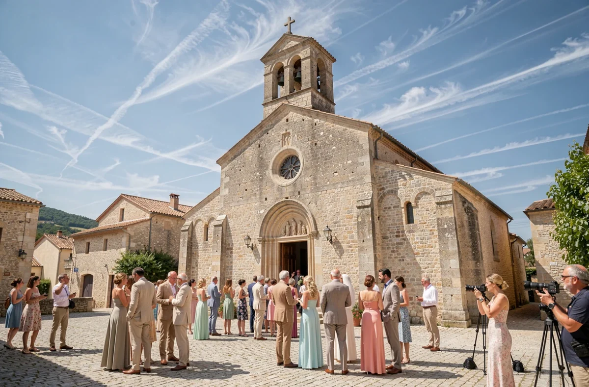 Façade d'une église romane en pierre calcaire du village perché de Gordes avec invités élégants rassemblés sur la place pavée lors d'un mariage médiatisé