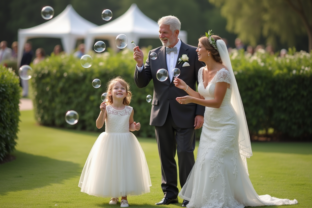 Enfants et grands-parents soufflant des bulles en extérieur lors du mariage