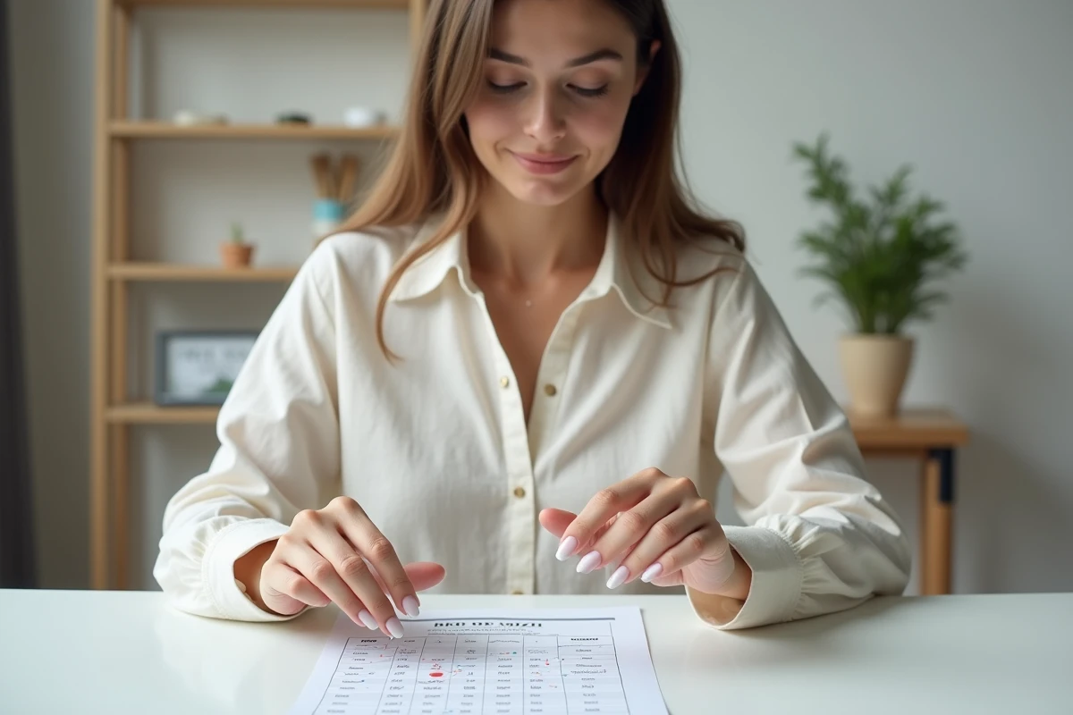 Jeune femme consultant un tableau de conversion de tailles de bagues internationales tout en essayant des calibreurs en plastique chez elle