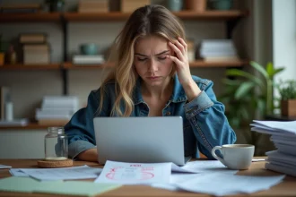 Femme frustrée comparant des devis de location de photobooth pas cher sur son bureau encombré