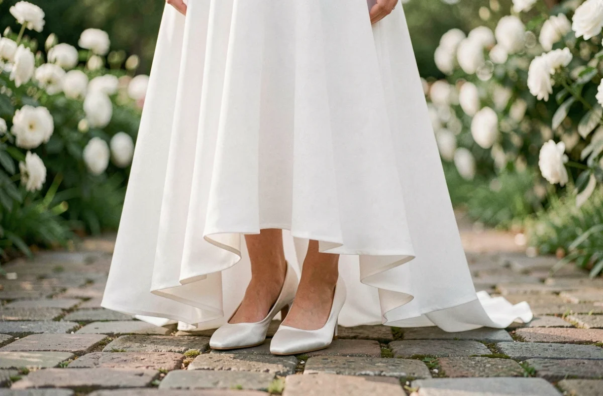 Mariée en robe blanche portant des escarpins blancs à petit talon en satin dans un jardin fleuri