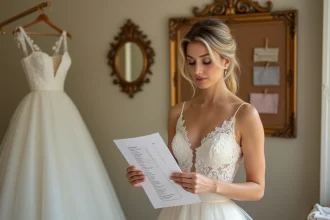 Mariée en robe d'essayage examinant une liste de prix dans un atelier de couture nuptiale