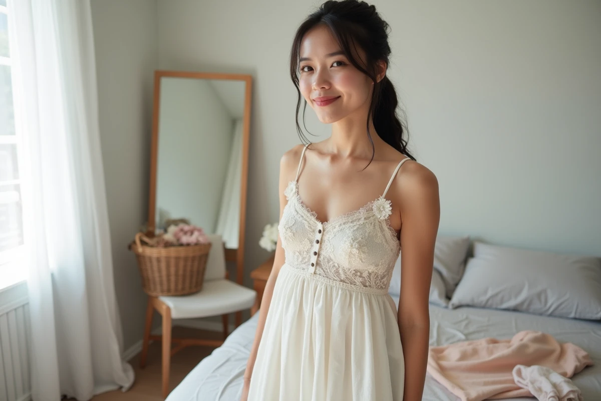 Jeune femme essayant une robe simple transformée en robe de mariée avec dentelle et appliqués floraux devant un miroir