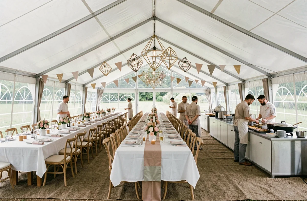 Organisation complète d'un mariage par Evenday SRN avec tente événementielle, tables dressées et station de cuisine en direct