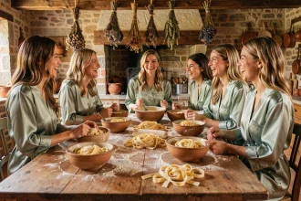 Groupe de femmes en robes en satin vert sauge apprenant à faire des pâtes fraîches dans une cuisine rustique toscane pour un enterrement de vie de jeune fille original