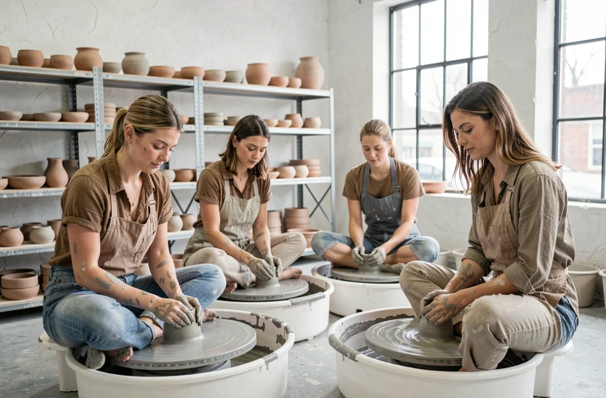 Quatre femmes façonnant de l'argile sur des tours de poterie dans un atelier urbain lumineux pour un enterrement de vie de jeune fille créatif et original