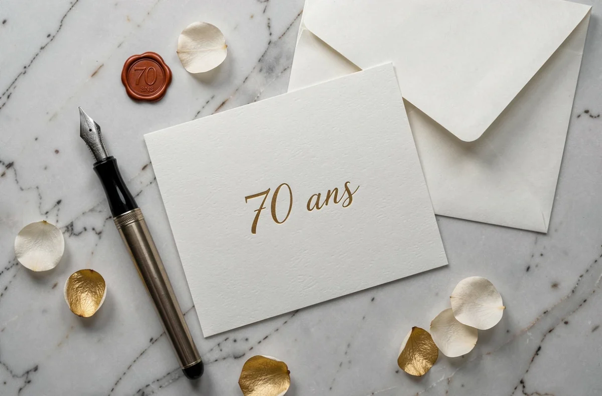 Faire-part anniversaire de mariage 70 ans posé sur marbre avec stylo plume et pétales séchés en vue de dessus