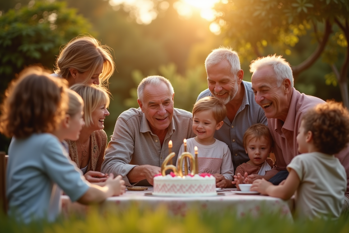 Famille réunie dans le jardin pour anniversaire diamant