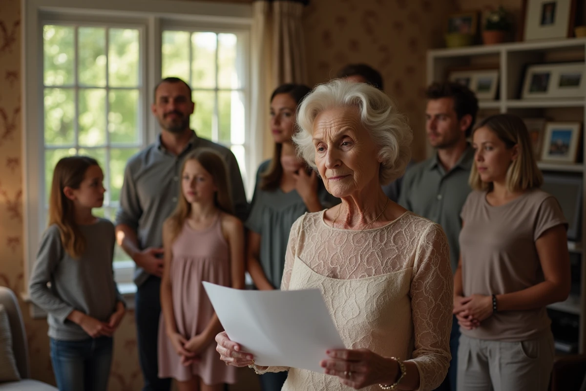 Famille réunie autour d une femme lisant un message