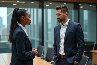 Femme d'affaires confiante échangeant avec un homme dans un bureau moderne