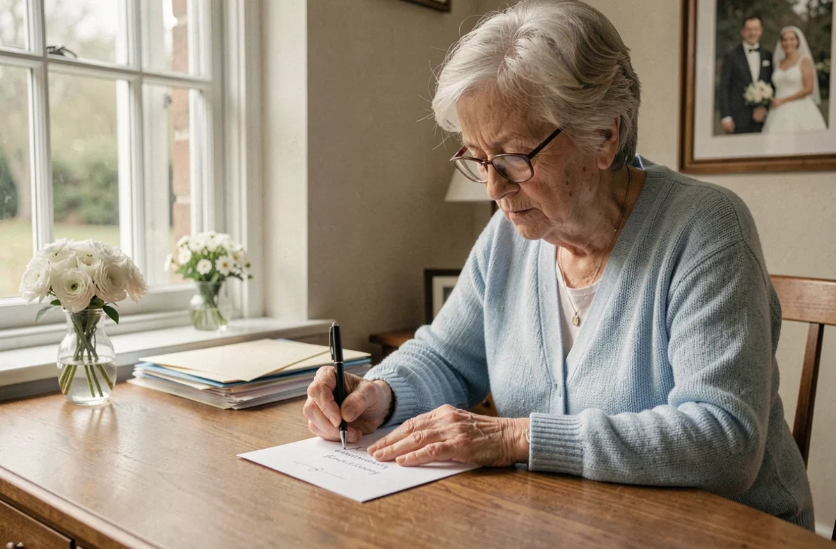 Femme âgée écrivant une carte d'anniversaire de mariage de 70 ans à son bureau avec lunettes et stylo plume
