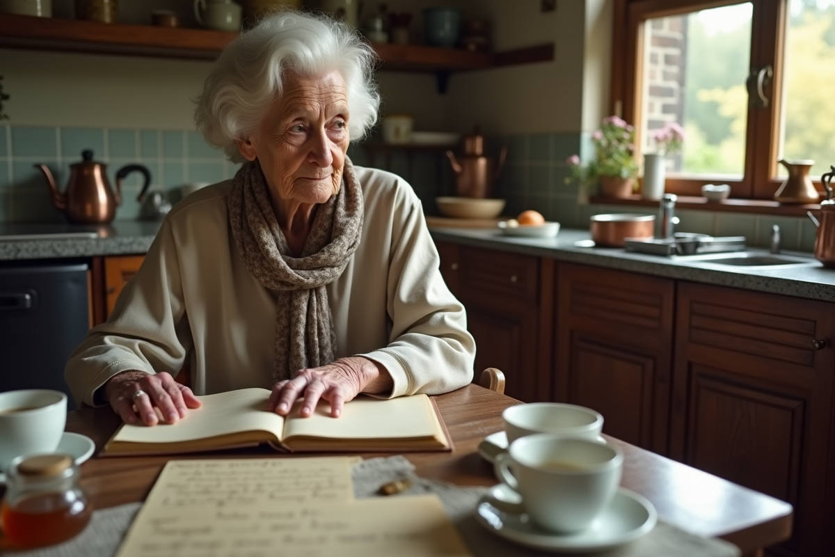 Femme âgée regardant un album de famille dans la cuisine