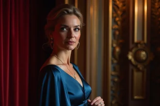 Femme élégante en robe de soie bleue dans les coulisses