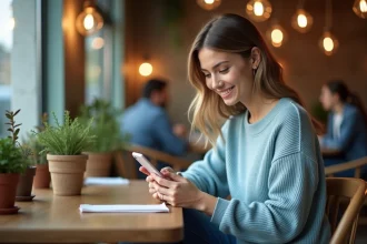 Femme souriante avec téléphone dans un café chaleureux