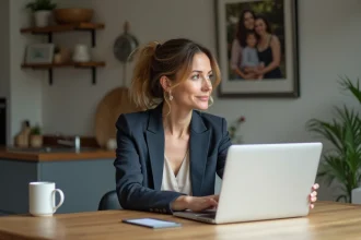 Femme en tenue casual dans une cuisine moderne française
