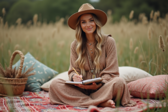 Jeune femme en robe bohème dessinant en plein air
