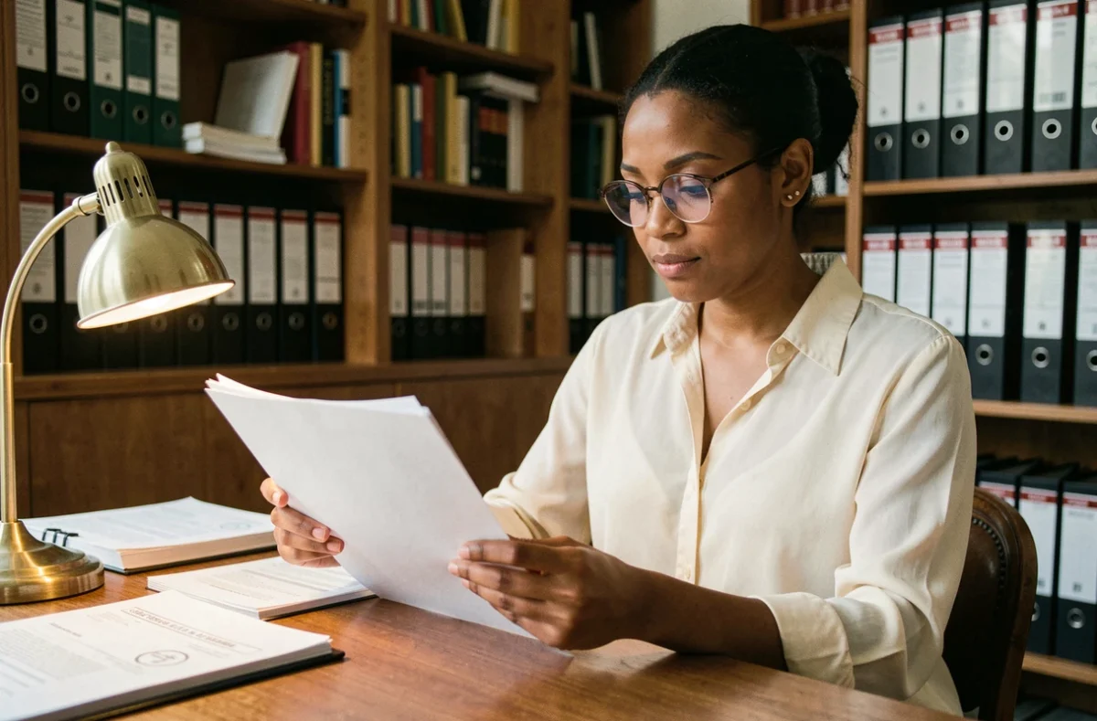 Femme consultant des documents administratifs pour la transcription de mariage à Nantes