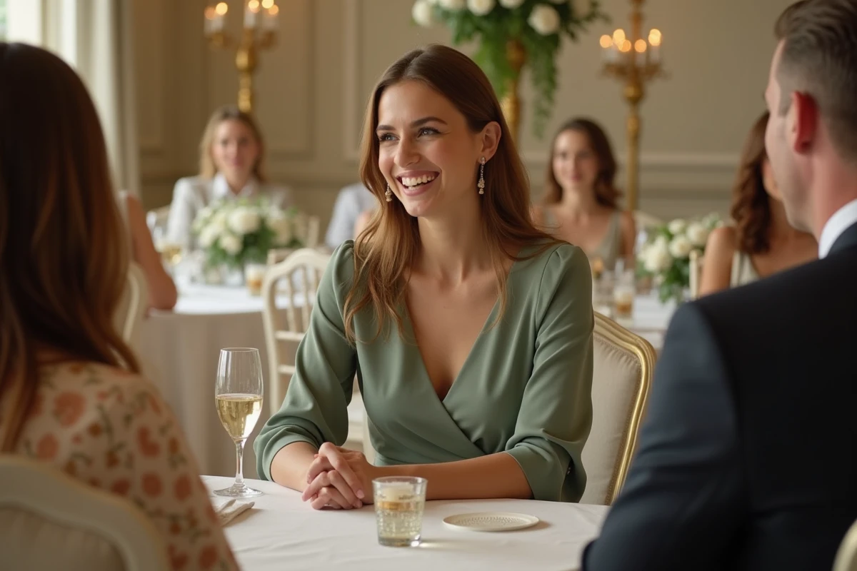 Femme élégante en robe verte sauge comme invitée de mariage lors d'un dîner de réception dans un château