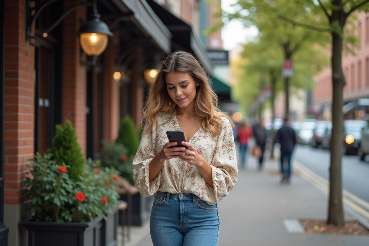 Jeune femme envoyant des invitations numériques devant un café en ville