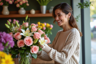 Femme souriante arrangeant un bouquet de fleurs dans une boutique