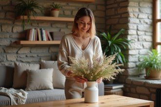 Femme arrangeant un vase de fleurs dans un salon chaleureux