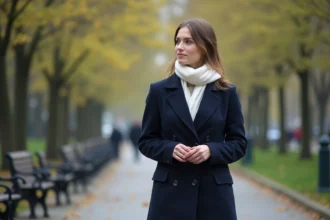 Femme réfléchie en manteau navy dans un parc urbain au printemps