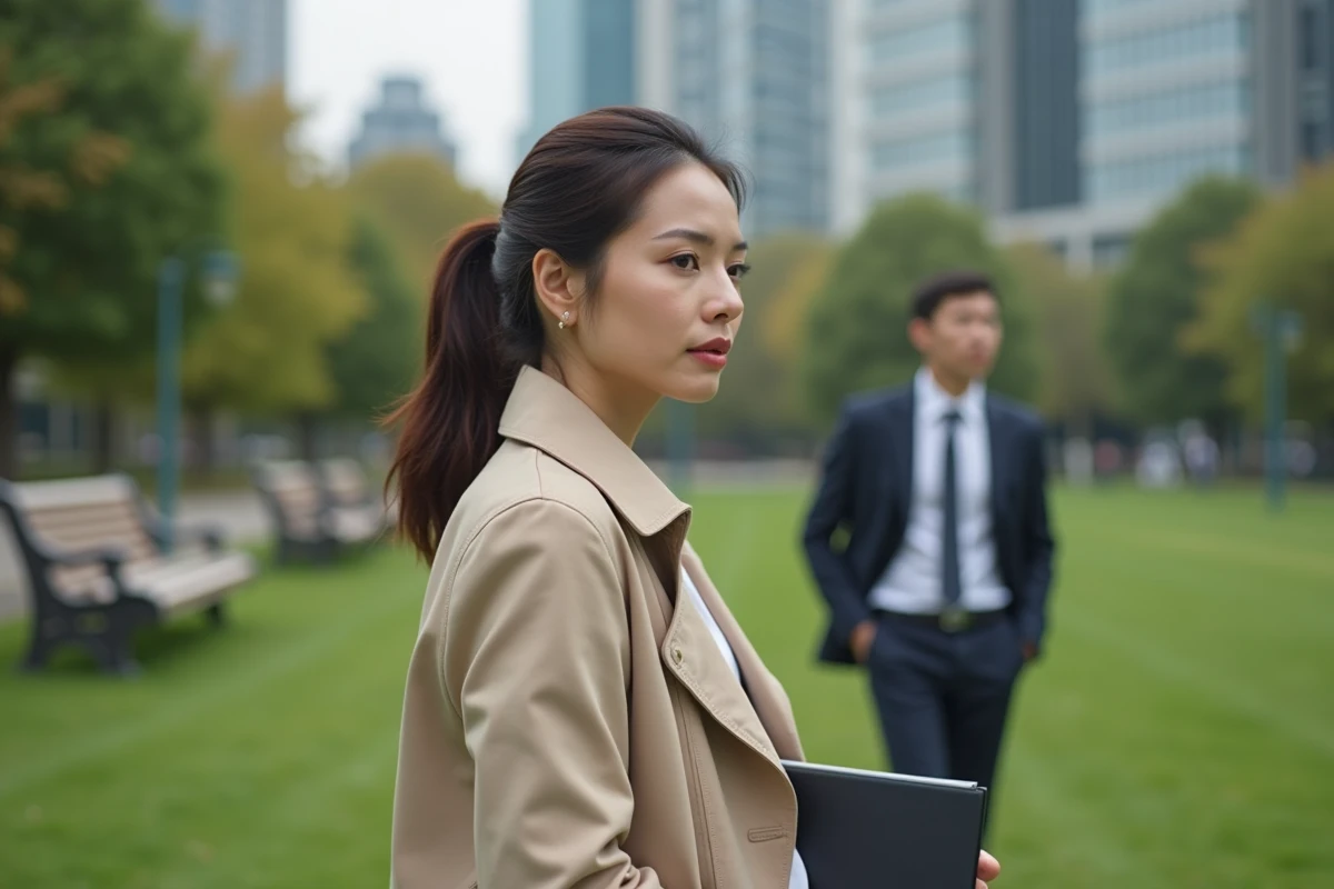 Femme en trench dans un parc urbain animé