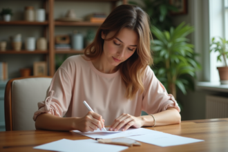 Femme en pastel réfléchissant à des invitations de mariage