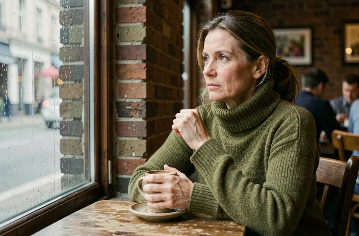 Femme pensive seule dans un café parisien, évoquant la discrétion et le choix de préserver sa vie sentimentale