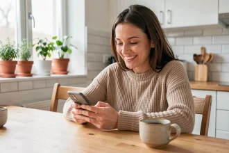 Femme souriante rédigeant un message de remerciements sur WhatsApp depuis sa cuisine