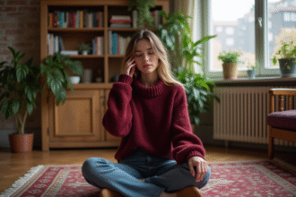 Jeune femme en pull bordeaux dans un salon chaleureux
