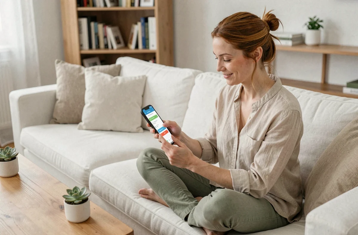 Femme testant la compatibilité de prénoms sur son smartphone depuis son canapé