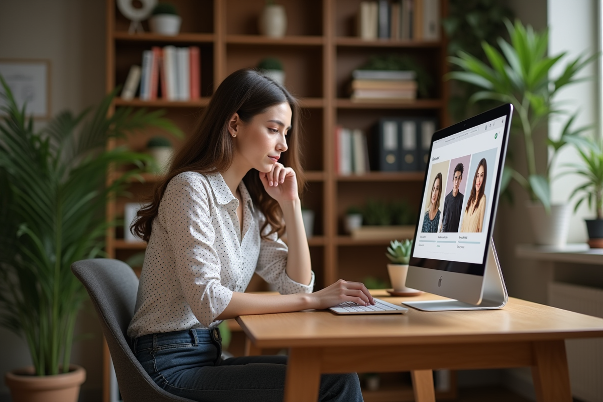 Jeune femme travaillant sur un ordinateur dans un bureau cosy