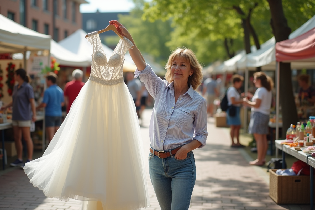 Femme montrant une robe de mariage d
