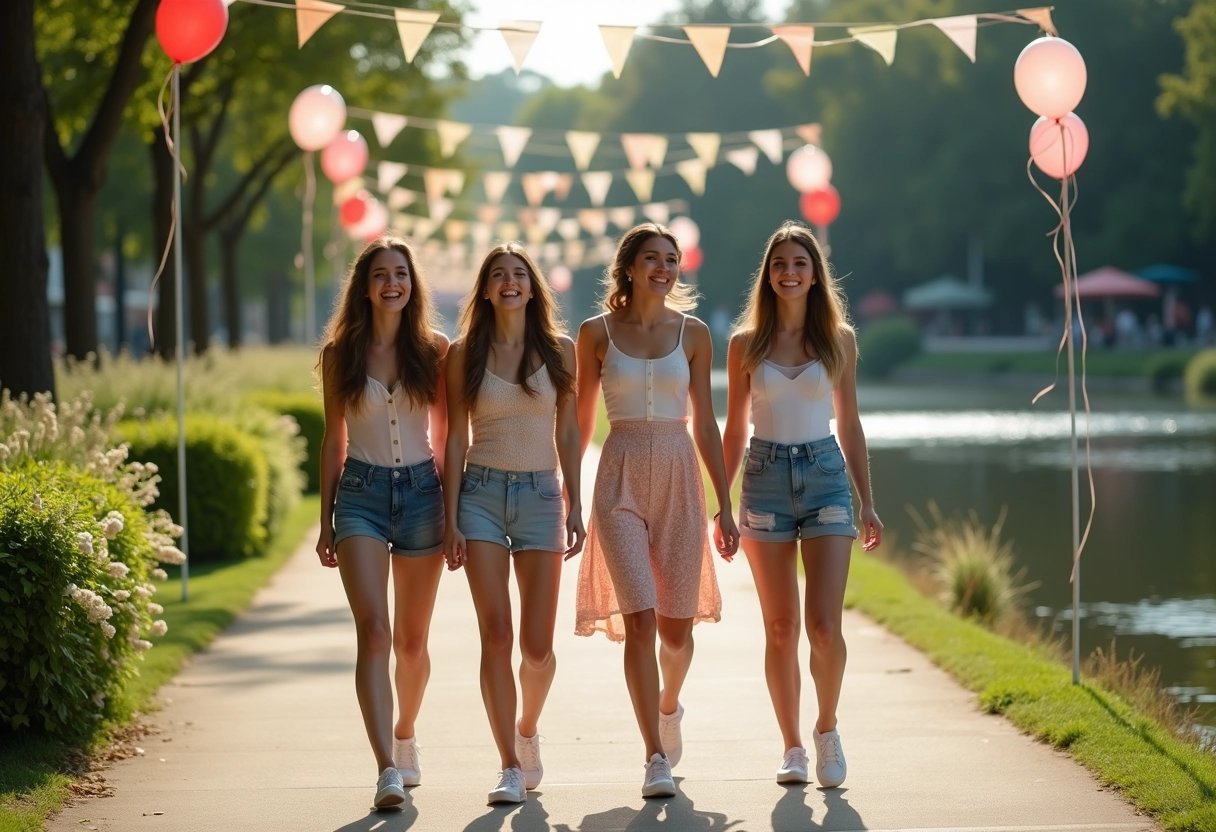 Jeune future mariée et amies marchant au bord de l