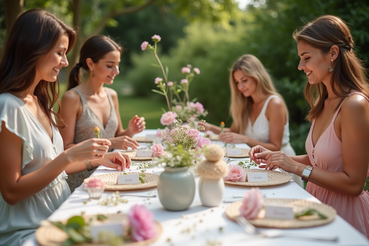 Femmes créant des cartes et décorant un table de pique-nique en plein air
