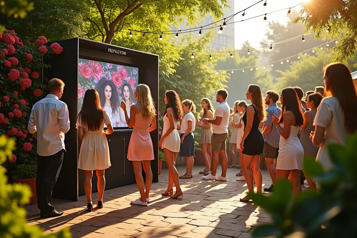 Fête dans un jardin avec cabine photo et invités posant devant un mur de fleurs