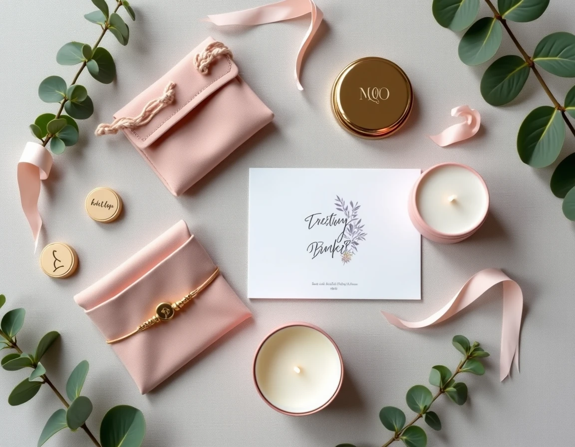 Flat lay de cadeaux personnalisés pour témoins de mariage avec gravures et accessoires élégants