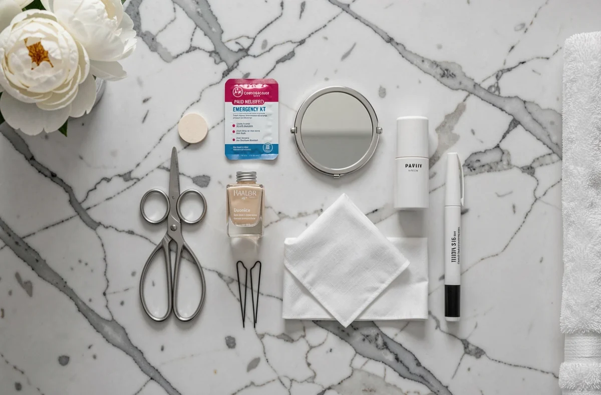 Flat-lay du kit de survie de la mariée avec essentiels soins et couture disposés sur marbre blanc