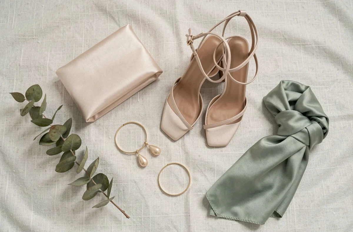 Flatlay d'accessoires indispensables pour une invitée de mariage : pochette en satin nude, sandales beige à talon, bracelet doré, boucles d'oreilles et foulard en soie vert sauge sur lin blanc