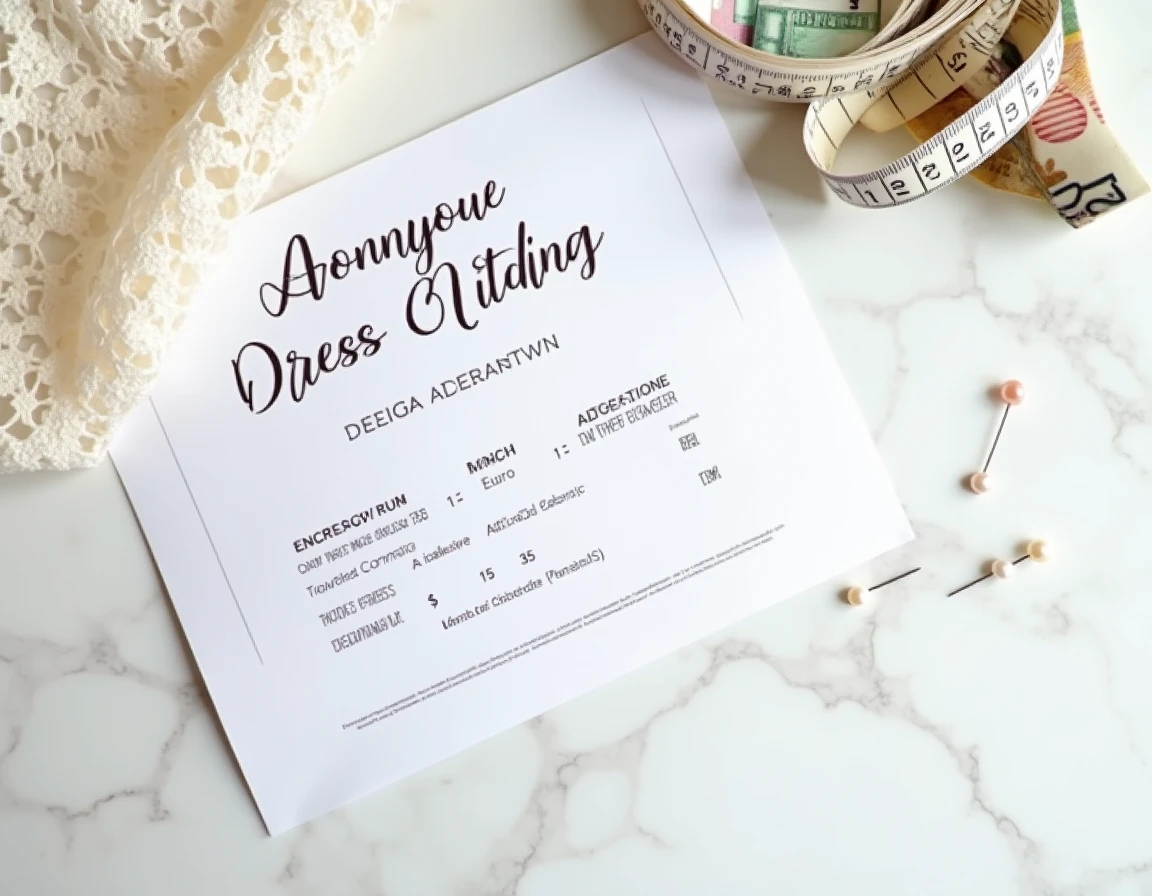 Vue de dessus d'une note de frais d'essayage de robe de mariée avec ruban de couturière et billets en euros sur marbre blanc
