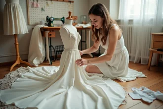 Future mariée bricolant sa robe de mariée maison dans un atelier de couture fait maison avec tissu ivoire et dentelle