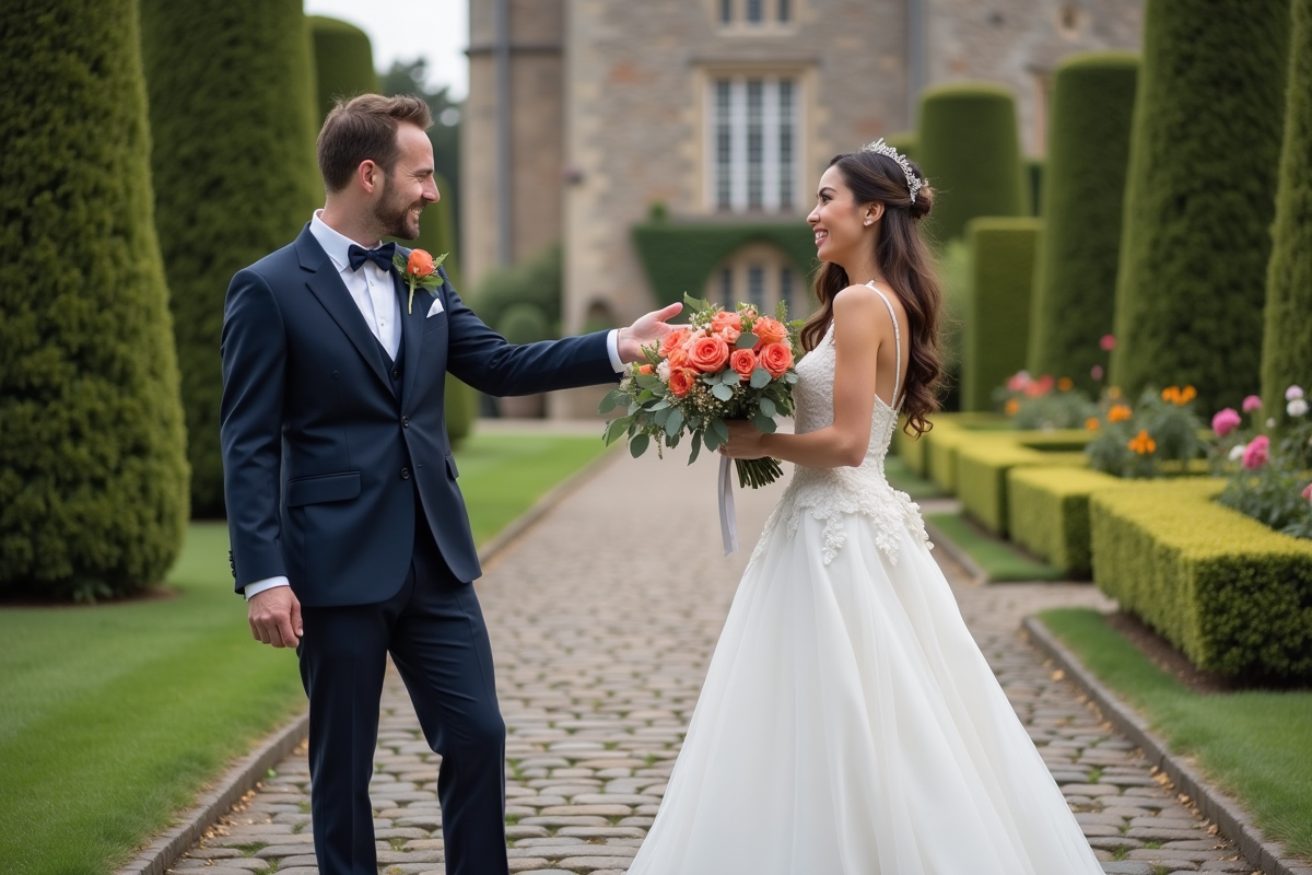 Jeune marié offrant un bouquet à la mariée en extérieur